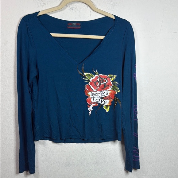 (R6) TRAFFICO Z LOVE vintage Women's Blue Long Sleeve Top, size L - Picture 1 of 14